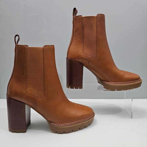 NEW Tory Burch Carson 70MM Ankle Boot Womens 10 Caramel Platform Heel Chelsea - Picture 3 of 16